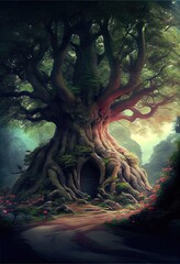Fototapeta na wymiar Old tree in the forest. Fantasy world landscape. Generative ai.