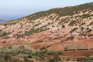 Panoramic view of the Atlas Mountains in Morocco and its curved roads