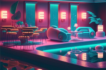 Surreal retro-future pool lounge with neon signs and cocktails.Generative AI