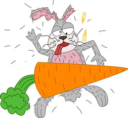 A large carrot fell on the gray hare. Vector illustration in doodle style. The symbol of 2023.