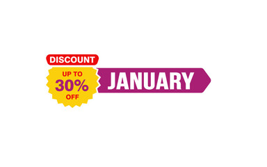 30 Percent JANUARY discount offer, clearance, promotion banner layout with sticker style. 