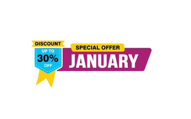 30 Percent JANUARY discount offer, clearance, promotion banner layout with sticker style. 