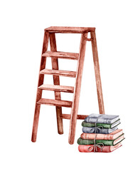 Wooden stairs with steps and stacks of books. Stepladder for the library on a white background. Watercolor vintage hand drawn illustration.