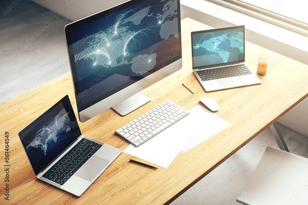Fototapete modern computer monitor with abstract digital world map with connections, research and strategy conc