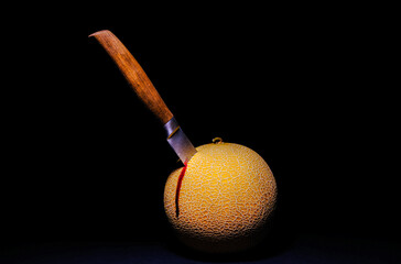 on a black background a melon with a knife and blood flowing from a cut