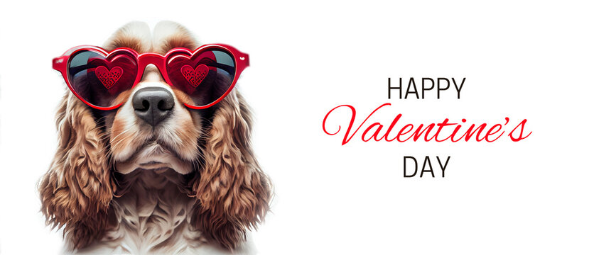 Banner for Valentine's Day with funny cocker spaniel dog wearing red heart-shaped glasses. Isolated image of the cute dog for Valentine's Day greetings and other holiday-themed projects. Generative AI