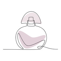 One line continuous drawing. Perfume bottle vector illustration. Hand drawn linear silhouette icon. Minimal design element for print, banner, card, wall art poster, brochure.