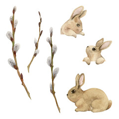 Watercolor hand drawn Easter celebration clipart. Set of cute bunnies with spring willow branches. Pastel color. Isolated on white background. For invitations, gifts, greeting cards, print, textile