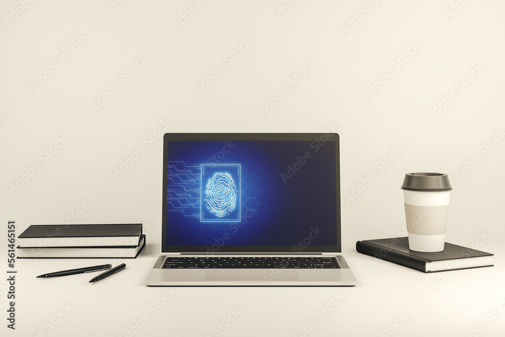 Poster Computer monitor with abstract creative fingerprint illustration, personal biometric data concept. 3D Rendering
