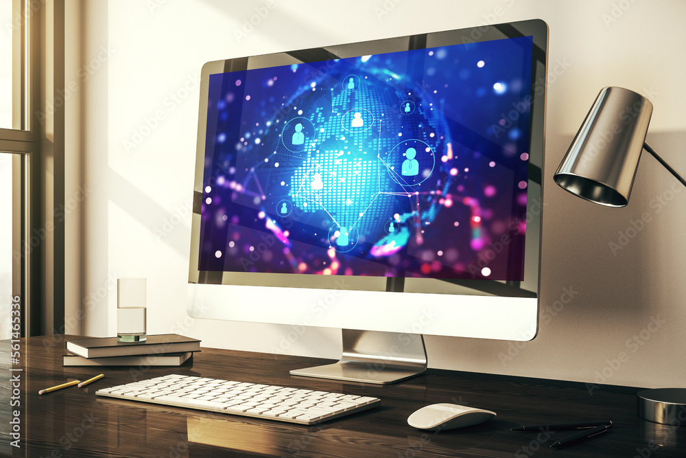 Poster Social network media concept with world map on modern computer monitor. 3D Rendering