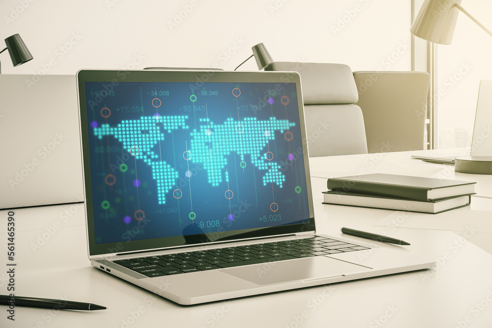 Poster modern computer screen with abstract creative digital world map, research and analytics concept. 3d 
