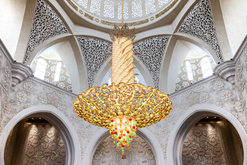 Close up of a huge crystal chandelier in Sheik Zayed mosque in Abu Dhabi