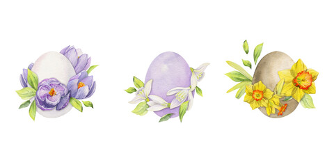 Watercolor hand drawn Easter celebration clipart. Composition of painted eggs, spring flowers, leaves, twig. Isolated on white background Design for invitations, gifts, greeting cards, print, textile
