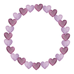 Watercolor hand drawn wreath of red, purple, pink and scarlet hearts for Valentine's day. Isolated on white background. Design for paper, love and greeting cards, textile, print, wallpaper, wedding