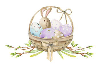 Watercolor hand drawn Easter celebration clipart. Basket of painted pastel eggs, bunnies, spring flowers. Isolated on white background. Design for invitations, gifts, greeting cards, print, textile