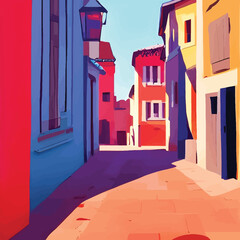 Evening colorful street in Burano island, Venice, Italy. Retro style. - Colorful Flat Art
 - obrazy, fototapety, plakaty