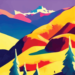 Abstract sunset mountain landscape. Digital painting. Colorful mountains and pine trees - Colorful Flat Art