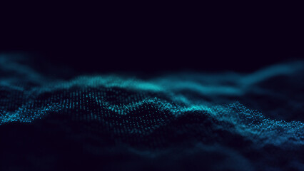 Abstract blue futuristic wave. Flow of particles. Big data transfer visualization. 3d rendering.