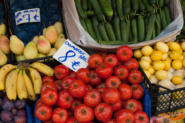 Fruit and vegetables for sale at an Istanbul market during rising economic situation in Turkey. .