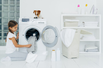 Busy little pretty girl does laundry at home, poses on knees near washing machine, uses liquid powder, pedigree dog on top of washer, looks at small female host householder. Housekeeping concept