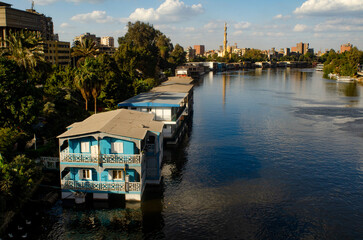 Floating House Boats on the River Nile, Zamalek, Cairo, Egypt.