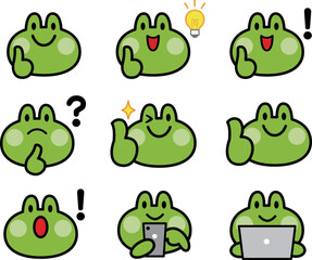 シンプルカエル顔表情セット1 (スマホ操作、いいね、グッドアイデア他)