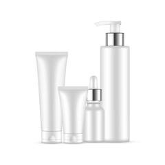 Cosmetic Plastic Containers Set, Tube, Dropper and Pump Bottles With Metal Cap, Isolated on White Background. Vector Illustration