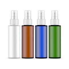 Plastic Spray Bottles, White, Amber, Blue, Green, Isolated in White Background. Vector Illustration