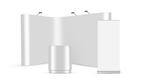 Blank Pop Up Display Stand with Roll Up and Table, Isolated on White Background. Vector Illustration