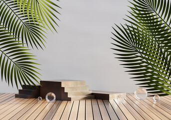 Mockup podium for product presentation and light beam 3D render illustration on cement background.