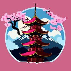 pagoda on a mountain and sakura trees flat design, vector art, icon