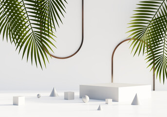 Mockup podium for product presentation and light beam 3D render illustration on white color background.