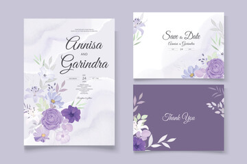Fototapeta na wymiar Purple Floral Wedding Invitation Set card with beautiful floral and leaves template Premium Vector