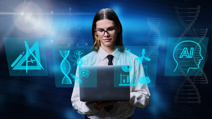 Young male using laptop ai for learning getting online education