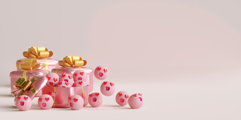 Emoticon smiling face popping out from gift box. Love symbol.  3d illustration