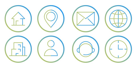 home, addres, pointer, mail, envelope, internet, office, profile, customer servicenya or contacts, operasional hour icon set with gradient color 