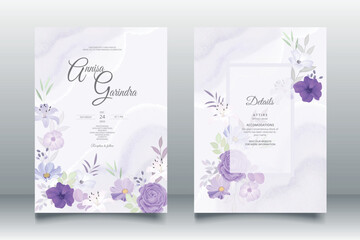Purple Floral Wedding Invitation Set  card with beautiful floral and leaves template Premium Vector