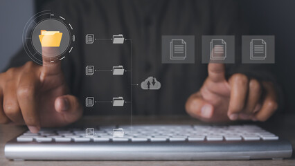 Businessman access business connection online documentation database and process automation to efficiently manage files.