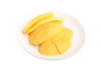 Ripe mangoes in a plate on a white background