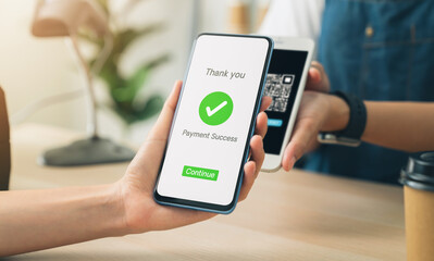 Customer using smartphone with scanning QR code for payment, shopping online, Digital wallet concept.