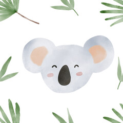 African animals watercolor pattern. Jungle animal koala seamless watercolor background. Hand painted wild animals illustration isolated on white background. Nursery wallart