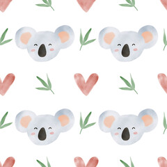 African animals watercolor pattern. Jungle animal koala seamless watercolor background. Hand painted wild animals illustration isolated on white background. Nursery wallart