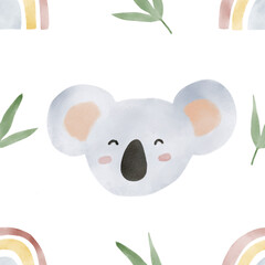 African animals watercolor pattern. Jungle animal koala seamless watercolor background. Hand painted wild animals illustration isolated on white background. Nursery wallart