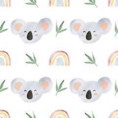 African animals watercolor pattern. Jungle animal koala seamless watercolor background. Hand painted wild animals illustration isolated on white background. Nursery wallart