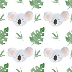 African animals watercolor pattern. Jungle animal koala seamless watercolor background. Hand painted wild animals illustration isolated on white background. Nursery wallart