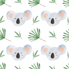 African animals watercolor pattern. Jungle animal koala seamless watercolor background. Hand painted wild animals illustration isolated on white background. Nursery wallart