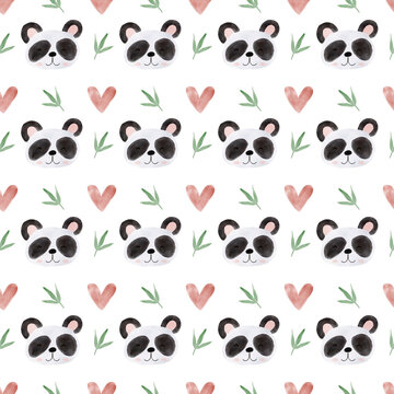 African animals watercolor pattern. Jungle animal panda face seamless watercolor background. Hand painted wild animals illustration isolated on white background. Nursery wallart