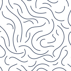 Seamless pattern of wavy chaotic dark blue lines on a white background. Template for fabric, paper, wallpaper, interior.