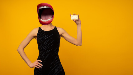 Contemporary art collage. Composition with young woman headed of female mouth in black dress showing credit card on yellow background