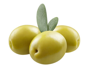 Close-up of green olives with olive leaves, cut out